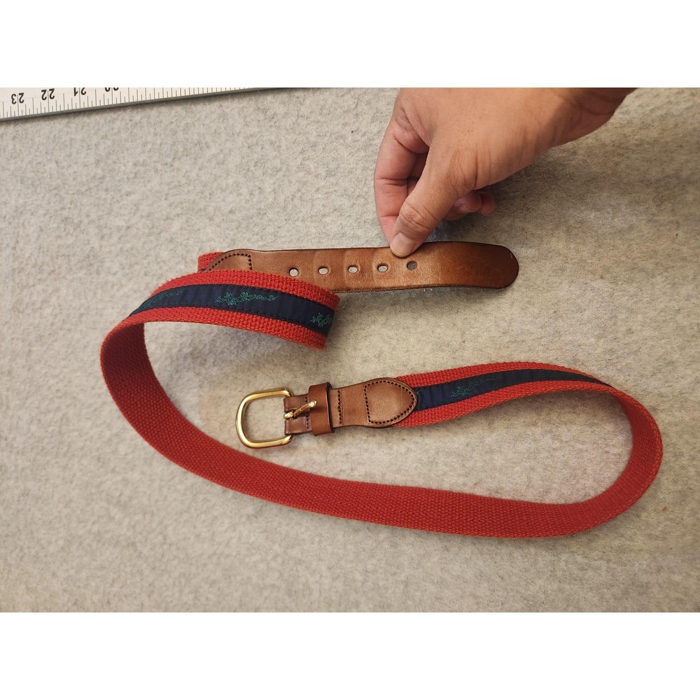Leather Man Ltd Belt‎ Mens 40 Red Navy Ribbon Alligator Brass Buckle Made USA